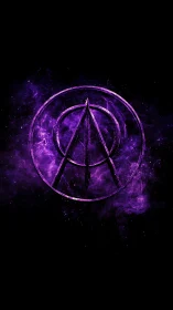 Geometric emblem with concentric rings overlays purple nebula