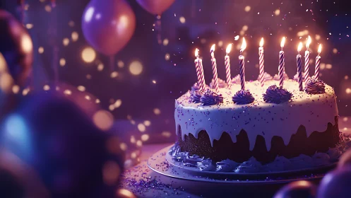 Three-dimensional birthday cake rendering with procedural lit candles and volumetric depth-of-field 