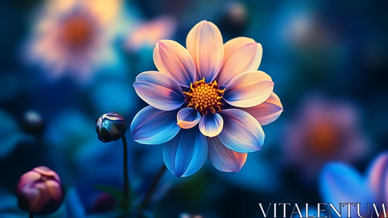 Dahlia flower with blue and pink gradient petals.