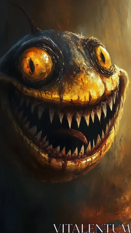 Predatory deep-sea creature with glowing eyes and razored grin.