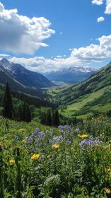 Sunny wildflower meadow opening to peaceful mountain valley.