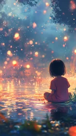 Child watches glowing fireflies over reflective twilight lake