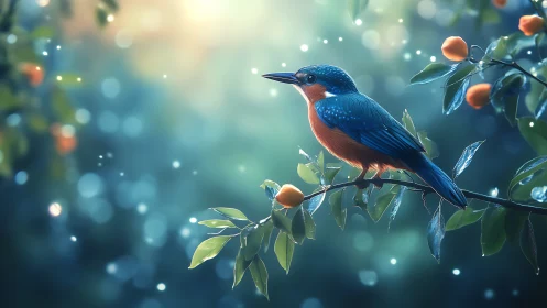 A Radiant Kingfisher Perched Among Glowing Berries.