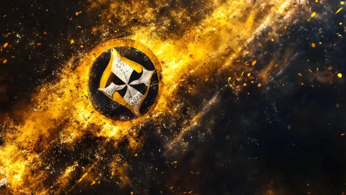 Abstract blazing star emblem with fiery cosmic background.