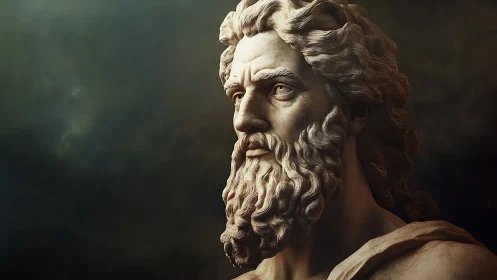 Marble bearded male statue rendered with dramatic side lighting