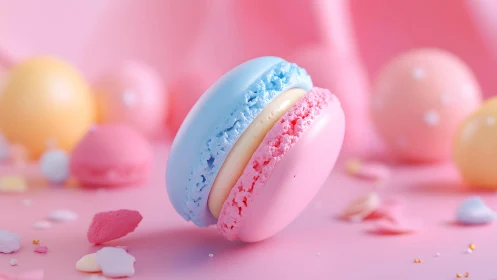 Pastel Macaron on Pink Background in Soft, Dreamy Style.
