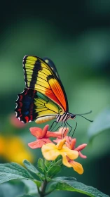 Vibrant butterfly rests on tropical blooms in soft bokeh.