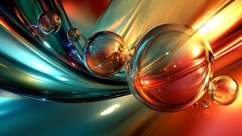Shimmering glass orbs drift through glowing waves of color
