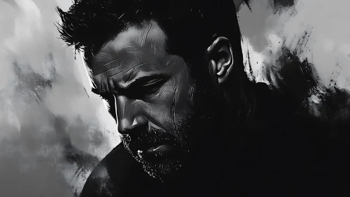 Brooding male portrait rendered in monochrome digital painting