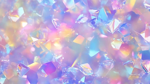 Iridescent crystal cluster with soft pastel light refractions.