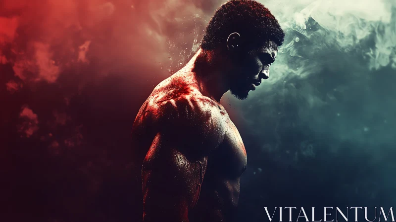 Side profile of muscular male torso in smoky lighting.