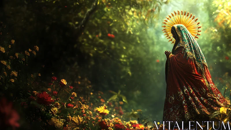 Radiant veiled figure kneels in baroque garden illumination