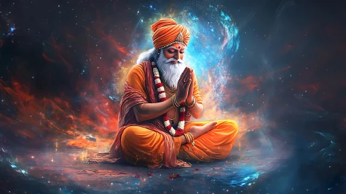 Meditating sage in cosmic vortex rendered as luminous digital painting