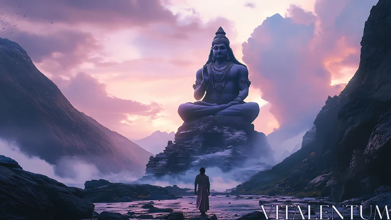 Mountain valley deity towers above lone pilgrim at dusk.