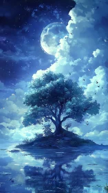 Moonlit island tree rests beneath dreamy glowing clouds