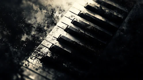 Piano keyboard lies diagonally with weathered, decayed keys