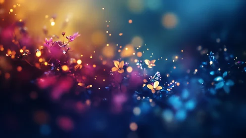 Bioluminescent blossoms shimmer across a chromatic bokeh field