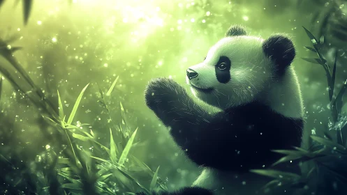 Digital panda render examines green-lit bamboo environment
