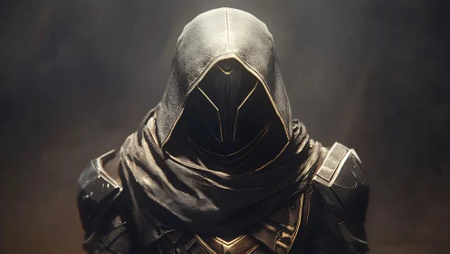 Hooded armored figure in cinematic low key digital portrait lighting