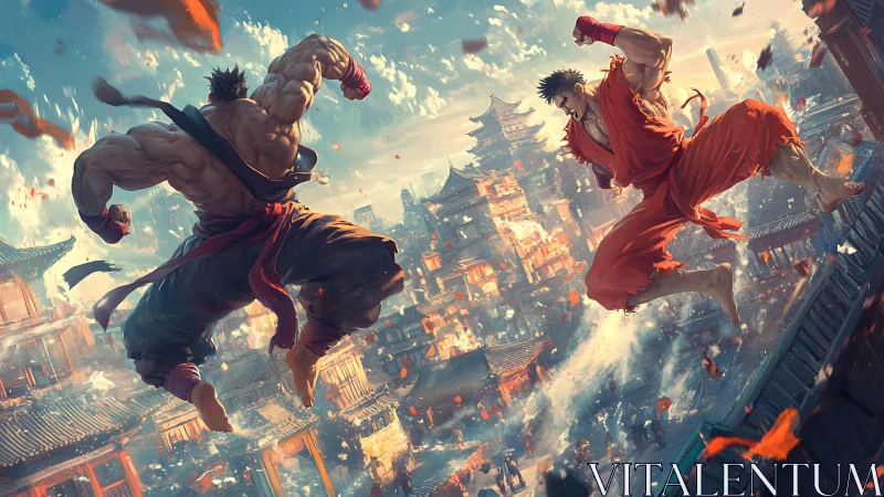 Martial artists clash midair above sprawling Asian cityscape.