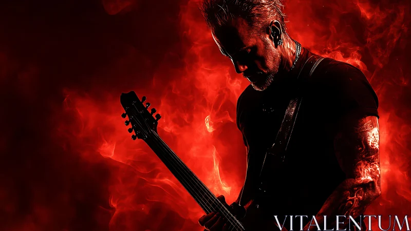 Guitarist in fiery red haze lost in a storm of sound.