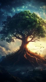 Luminescent cosmic world-tree with exposed radiating root web.