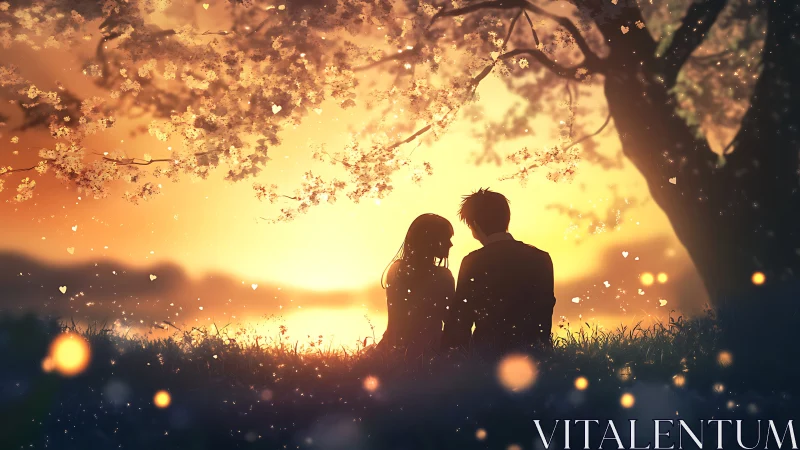 Silhouetted couple beneath glowing tree at golden sunset.