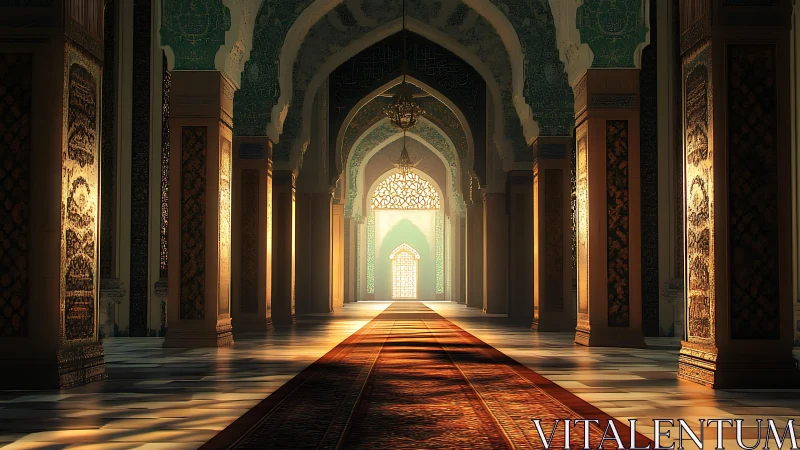 Sunlit arcades breathe over a jeweled Islamic corridor.
