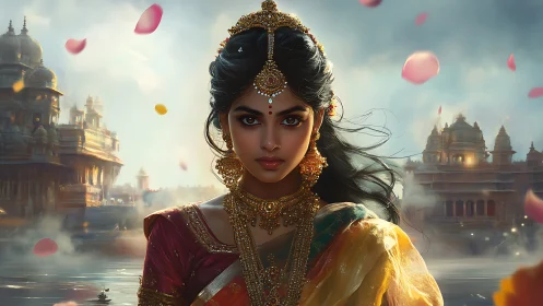 Ornate Indian woman in temple cityscape under drifting petals