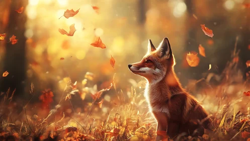 Autumn fox under volumetric backlight in leaf turbulence field.