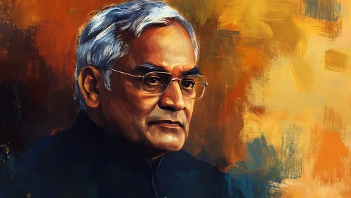 Stoic silver haired statesman amid molten sunset brushstrokes.