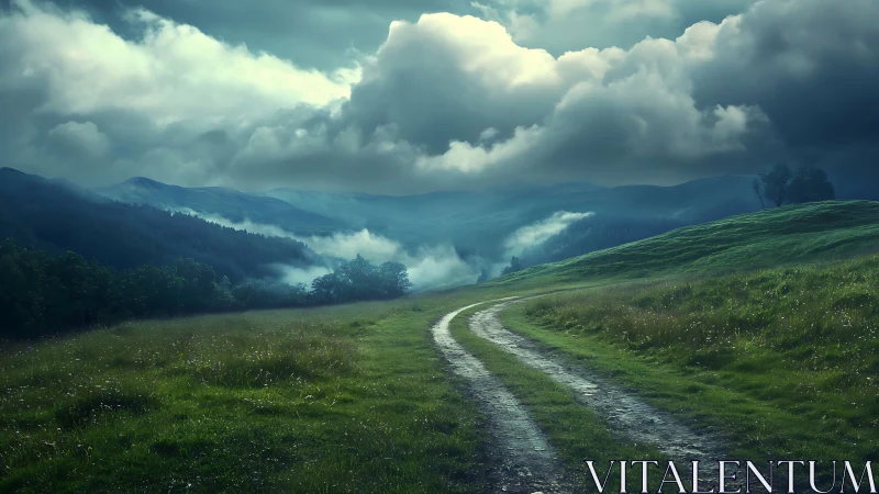 Curving dirt track traverses misty valley under dense storm clouds