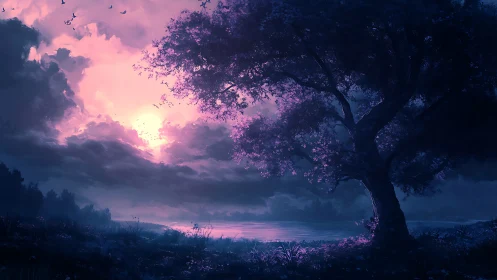 Bioluminescent twilight tree silhouettes a magenta storm sky