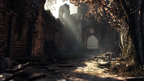 Sunlit ruins and secret archway in a forgotten courtyard.