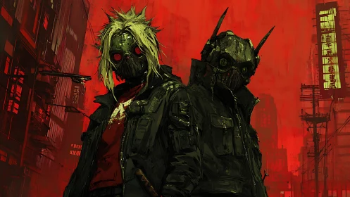 Masked cyberpunk enforcers confront a burning red cityscape.