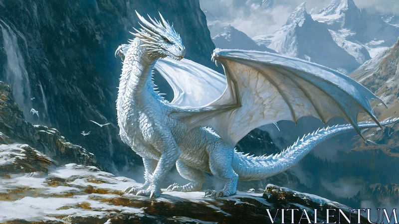 Snowlit dragon guardian resting high in quiet mountain air.