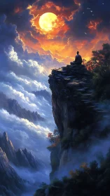 Luminous moonrise over meditative figure on stratified cliff.