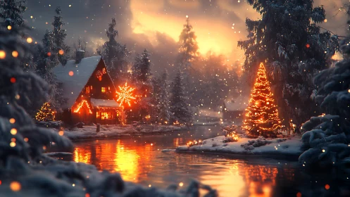 Snowy riverside cabin glowing with cozy holiday lights.