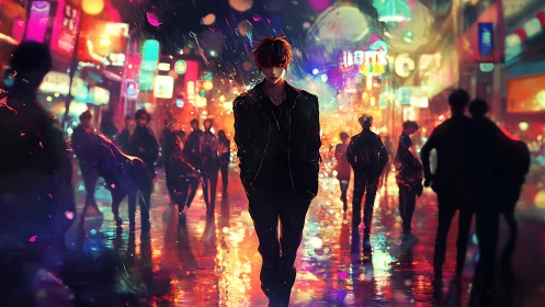 Solitary male figure in neon lit rainy urban nightlife street.