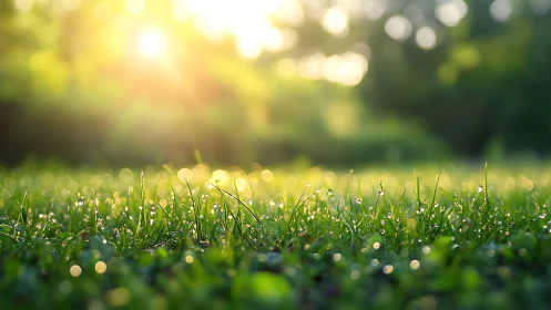 Close-up of wet grass blades under soft morning sunlight.