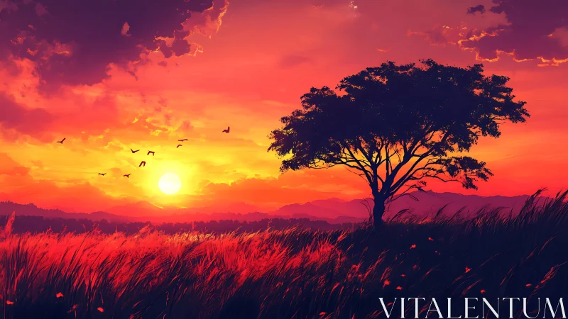 Blazing sunset skyline with lone tree over ember fields.