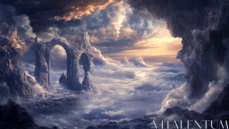 Atmospheric stone arches suspended above volumetric cloud sea.