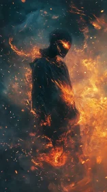 Volumetric fire entity enveloped in turbulent ember-laden smoke