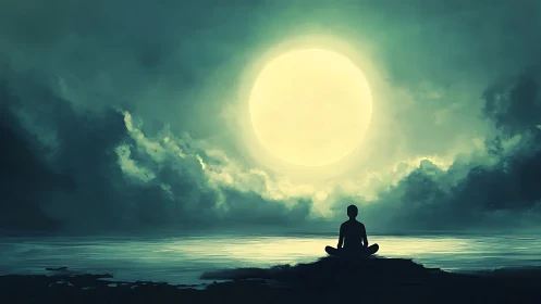 Silhouette meditates before massive moon over still water