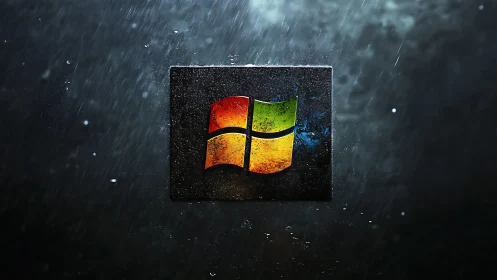 Weathered Windows logo hovers in cinematic rain-soaked space