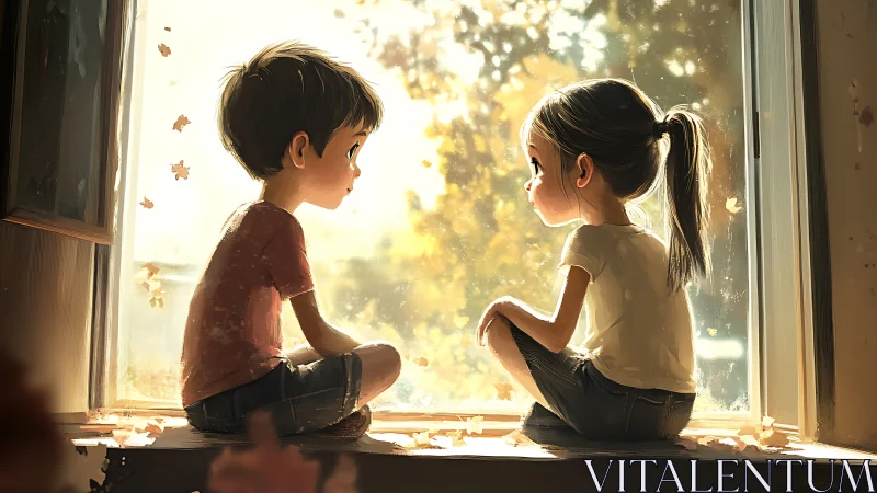 Two Children Watching Autumn Leaves from Window Sill.
