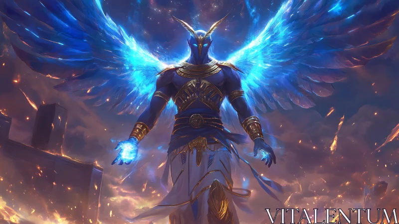 Celestial warrior with luminous blue wings dominates skyline
