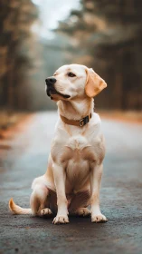 Golden labrador retriever posed on forest road in soft bokeh field