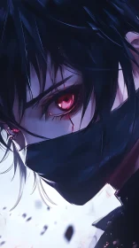 Masked anime figure with red glowing eye in close view.
