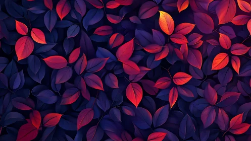 Glowing crimson leaves drift across a dreamy twilight forest